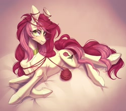 Size: 2560x2258 | Tagged: safe, artist:meggychocolatka, derpibooru import, roseluck, pony, behaving like a cat, collar, commission, commissioner:doom9454, concave belly, cute, lying down, pony pet, rosepet, thin, yarn, yarn ball