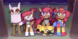 Size: 4096x2058 | Tagged: safe, artist:lockheart, derpibooru import, oc, oc only, oc:cherry sweetheart, oc:stella cherry, earth pony, pegasus, pony, bucket, car, clothes, costume, cute, eye clipping through hair, female, ghost costume, halloween, halloween costume, holiday, looking at you, mare, miles "tails" prower, mouth hold, nightmare night costume, pomni, smiling, smiling at you, sonic the hedgehog (series), the amazing digital circus, trick or treat