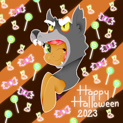 Size: 1600x1600 | Tagged: safe, artist:kathepart, derpibooru import, babs seed, earth pony, pony, candy, clothes, costume, food, halloween, halloween costume, holiday, lollipop, looking at you, one eye closed, reference, wink