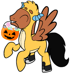 Size: 456x484 | Tagged: safe, artist:noi kincade, derpibooru import, oc, oc only, oc:pencil sketch, pegasus, pony, candy, clothes, costume, food, halloween, halloween costume, holiday, male, pumpkin, pumpkin bucket, solo