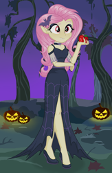 Size: 2632x4032 | Tagged: safe, artist:rinforst1, derpibooru import, fluttershy, bat pony, human, equestria girls, scare master, apple, bat ponified, clothes, costume, dress, equestria girls interpretation, flutterbat, flutterbat costume, food, halloween, holiday, nightmare night costume, race swap, scene interpretation, solo