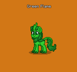 Size: 394x371 | Tagged: safe, derpibooru import, oc, oc:green flame, kirin, pony, do not steal, female, green fur, green mane, green tail, horn, kirin oc, orange background, original character do not steal, pony town, simple background, solo, tail