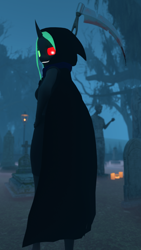 Size: 1080x1920 | Tagged: safe, artist:kamimation, derpibooru import, oc, oc:soulseeker, anthro, changeling, 3d, blender, blood, blood stains, candle, cloak, clothes, dress, dripping blood, fog, glowing, glowing eyes, gravestone, graveyard, grin, halloween, hand on hip, holiday, horn, implied death, lamp, looking back, scythe, smiling, smirk, solo, teeth, tree, weapon