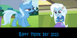 Size: 2000x1000 | Tagged: safe, artist:mlpfan3991, derpibooru import, trixie, human, pony, unicorn, equestria girls, equestria girls (movie), 2023, female, self paradox, self ponidox, smiling, solo, trixie day