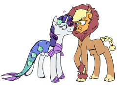 Size: 1250x900 | Tagged: safe, artist:fuckomcfuck, derpibooru import, applejack, rarity, big cat, earth pony, lion, mermaid, pony, unicorn, scare master, animal costume, applelion, boop, bra, clothes, costume, cute, duo, eyeshadow, female, freckles, halloween, heart, holiday, hoof shoes, jackabetes, lesbian, looking at each other, looking at someone, makeup, mermarity, nightmare night, nightmare night costume, noseboop, raised hoof, raised leg, raribetes, rarijack, shipping, simple background, transparent background, underwear, whiskers