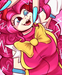 Size: 2500x3000 | Tagged: safe, artist:marubup, derpibooru import, pinkie pie, demon, original species, youkai, chaos, commission open, crossover, horn, oni, open mouth, open smile, simple background, smiling, solo, species swap, swirly eyes, touhou, transformation