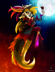 Size: 3366x4414 | Tagged: safe, artist:zidanemina, derpibooru import, captain celaeno, anthro, bird, parrot, undead, vampire, my little pony: the movie, alternate color palette, alternate design, alternate hairstyle, amputee, avian, clothes, costume, cup, halloween, halloween costume, holiday, looking at you, moon, night, orni, smiling, solo