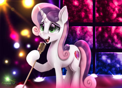 Size: 4500x3250 | Tagged: safe, artist:darksly, derpibooru import, sweetie belle, pony, unicorn, g4, cute, diasweetes, ear fluff, ears, eyebrows, female, high res, horn, mare, microphone, older, older sweetie belle, open mouth, signature, singing, solo, stage, the cmc's cutie marks