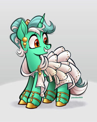 Size: 1593x2000 | Tagged: safe, artist:pandan009, derpibooru import, lyra heartstrings, pony, unicorn, alternate hairstyle, clothes, cute, dress, ear piercing, earring, female, gala dress, happy, hoof shoes, jewelry, lyrabetes, mare, piercing, shoes, smiling, solo