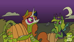 Size: 1920x1080 | Tagged: safe, artist:fishtaildraws, derpibooru import, oc, changeling, pony, unicorn, clothes, cosplay, costume, duo, female, halloween, halloween costume, holiday, mask, moon, pumpkin