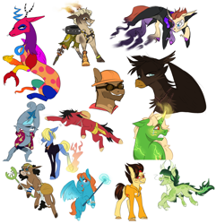 Size: 1280x1326 | Tagged: safe, artist:primrosepaper, derpibooru import, diamond dog, draconequus, dracony, dragon, earth pony, griffon, hybrid, pegasus, pony, unicorn, bust, clothes, covered eyes, diamond dogified, draconequified, engineer, female, fire, franky, goggles, grin, hard hat, hat, hoodie, hoof hold, junkrat, magic staff, male, mare, moira, monkey d. luffy, one piece, overwatch, ponified, simple background, smiling, species swap, stallion, the amazing digital circus, usopp, vinsmoke sanji, white background, zooble