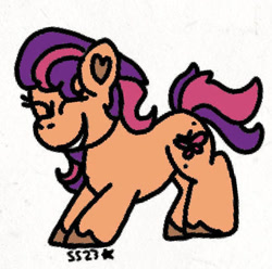 Size: 413x409 | Tagged: safe, artist:starrscout-23, derpibooru import, scootaloo, scootaloo (g3), earth pony, pony, g3, g3.5, digital art, eyes closed, female, happy, heart ears, low quality, mare, signature, simple background, smiling, tail, two toned mane, two toned tail, unshorn fetlocks, white background