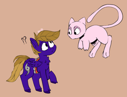 Size: 1933x1478 | Tagged: safe, artist:cozziesart, derpibooru import, oc, oc:wing front, pegasus, brown mane, brown tail, hurricane, mew, mythical pokémon, pegasus oc, poké ball, pokémon, purple fur, question mark, simple background, tail