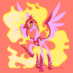 Size: 2009x2009 | Tagged: safe, artist:dawnfire, daybreaker, alicorn, pony, female, grin, looking at you, mare, red background, sharp teeth, simple background, sinister smile, smiling, smiling at you, solo, spread wings, wings