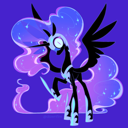 Size: 2036x2036 | Tagged: safe, artist:dawnfire, nightmare moon, alicorn, pony, blue background, female, looking at you, mare, simple background, solo, spread wings, wings