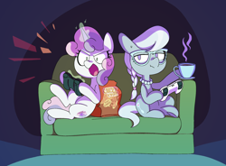 Size: 2454x1806 | Tagged: safe, artist:dawnfire, silver spoon, sweetie belle, earth pony, pony, unicorn, cheese puffs, chip bag, commission, controller, dexterous hooves, duo, female, filly, foal, food, headphones, headset, microphone, open mouth, sitting, sofa, teacup, yelling