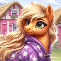 Size: 1024x1024 | Tagged: safe, ai content, machine learning generated, applejack, earth pony, pony, alternate hairstyle, bing, clothed ponies, clothes, female, head turn, hoodie, looking back, mare, missing accessory, ponyville, smiling, solo