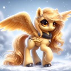 Size: 1024x1024 | Tagged: safe, ai content, machine learning generated, spitfire, pegasus, pony, alternate cutie mark, bing, extra wings, female, fluffy, incorrect wing anatomy, jewelry, mare, multiple wings, solo, spread wings, unshorn fetlocks