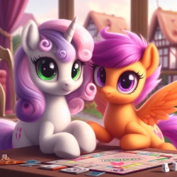 Size: 1024x1024 | Tagged: safe, ai content, machine learning generated, scootaloo, sweetie belle, pegasus, pony, unicorn, alternate cutie mark, bing, board game, duo, female, filly, foal, holding hooves, looking at you, monopoly, ponyville, spread wings