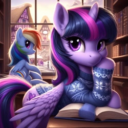 Size: 1024x1024 | Tagged: safe, ai content, machine learning generated, rainbow dash, twilight sparkle, twilight sparkle (alicorn), alicorn, pegasus, pony, alternate cutie mark, bing, book, clothes, duo, female, hoof on cheek, library, looking at you, mare, ponyville, sweater