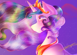 Size: 4092x2893 | Tagged: safe, artist:wolfieswap, derpibooru import, princess celestia, alicorn, pony, g4, cloud, crepuscular rays, crown, crying, digital art, ear fluff, ears, ethereal mane, female, flowing mane, gem, high res, horn, jewelry, mare, peytral, pink eyes, regalia, sad, signature, sky, solo, sparkles, starry mane, stars, sunlight, sunset, teary eyes
