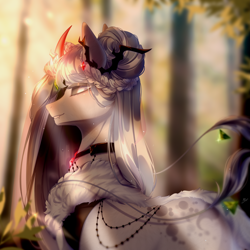 Size: 4961x4961 | Tagged: safe, artist:mian1205, derpibooru import, oc, oc only, changedling, changeling, hybrid, pony, unicorn, g4, art trade, beautiful, blank eyes, clothes, coat, crepuscular rays, crown, digital art, eyelashes, eyeshadow, female, forest, gem, glowing, grass, high res, jewelry, leaf, lidded eyes, makeup, mare, nature, necklace, regalia, scenery, signature, solo, sparkles, sunlight, teeth, tree, tree branch, walking, white mane