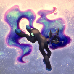 Size: 3508x3508 | Tagged: safe, artist:mian1205, derpibooru import, nightmare moon, pony, unicorn, g4, blue eyes, blue mane, blue tail, concave belly, crepuscular rays, curved horn, digital art, ethereal mane, ethereal tail, eyeshadow, female, flowing mane, flowing tail, glowing, glowing horn, gradient background, head turn, high res, hoof shoes, horn, lidded eyes, looking at you, makeup, mare, princess shoes, race swap, sky, slim, smiling, smiling at you, solo, sparkles, spine, spread wings, starry mane, stars, sunlight, tail, teeth, thin, unshorn fetlocks, wingless, wings