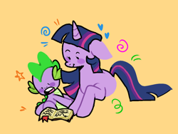 Size: 1092x819 | Tagged: safe, artist:clarissasbakery, derpibooru import, spike, twilight sparkle, unicorn twilight, dragon, pony, unicorn, book, duo, ears, floppy ears, reading, simple background, yellow background