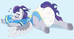 Size: 2000x1064 | Tagged: safe, artist:shuphle, derpibooru import, oc, oc only, oc:dread, pony, blue background, cyan background, diaper, diaper fetish, fetish, male, poofy diaper, simple background, sleeping, solo, wonderbolts