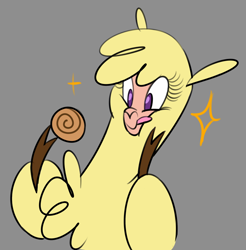 Size: 984x1000 | Tagged: safe, artist:nonameorous, derpibooru import, paprika paca, alpaca, them's fightin' herds, cinnamon bun, cloven hooves, community related, food, gray background, hoof hold, looking down, simple background, solo, sparkles, tongue, tongue out