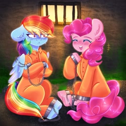 Size: 2048x2048 | Tagged: safe, artist:honiipaii, derpibooru import, pinkie pie, rainbow dash, g4, bound wings, clothes, commissioner:rainbowdash69, cuffs, duo, jail, jail cell, jumpsuit, never doubt rainbowdash69's involvement, prison, prison cell, prison outfit, prisoner, prisoner pp, prisoner rd, shackles, varying degrees of want, wings