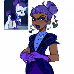 Size: 1912x1912 | Tagged: safe, artist:clarissasbakery, derpibooru import, rarity, human, pony, unicorn, g4, the cutie re-mark, alternate hairstyle, alternate timeline, annoyed, clothes, dark skin, ear piercing, earring, eyeshadow, frown, gloves, hair bun, heart, humanized, jewelry, lidded eyes, lipstick, makeup, night maid rarity, nightmare takeover timeline, piercing, purple lipstick, simple background, tail, tail bun, thick eyebrows, white background