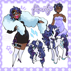 Size: 2048x2048 | Tagged: safe, artist:clarissasbakery, derpibooru import, rarity, human, pony, unicorn, g4, alternate hairstyle, beauty mark, clothes, collarbone, colored hooves, dark skin, dress, ear piercing, earring, eyes closed, feather boa, garter, hair curlers, head turn, humanized, jewelry, lightly watermarked, lipstick, long fetlocks, nail polish, nightgown, open mouth, piercing, purple lipstick, simple background, small feet, smiling, socks, stars, thick eyebrows, tooth gap, watermark, white background