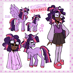 Size: 2048x2048 | Tagged: safe, artist:clarissasbakery, derpibooru import, twilight sparkle, twilight sparkle (alicorn), unicorn twilight, alicorn, human, pony, unicorn, g4, book, chest fluff, clothes, colored hooves, comments locked on derpi, dark skin, ear fluff, ear piercing, ear tufts, earring, ears, female, freckles, glasses, graveyard of comments, head turn, humanized, jewelry, leg freckles, lightly watermarked, lipstick, mare, pajamas, piercing, purple lipstick, raised hoof, raised leg, scrunchie, shoes, shoulder freckles, side view, simple background, skirt, spread wings, standing, stars, stockings, sweater vest, thigh highs, thigh socks, watermark, white background, wings