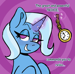 Size: 1939x1900 | Tagged: safe, artist:catponything, derpibooru import, trixie, pony, unicorn, g4, blushing, bust, dialogue, female, glowing, glowing horn, grin, horn, hypnosis, levitation, lidded eyes, looking at you, magic, magic aura, mare, pocket watch, smiling, solo, stopwatch, swirly background, swirly eyes, talking to viewer, telekinesis