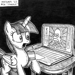 Size: 1080x1080 | Tagged: safe, artist:golabutron, derpibooru import, twilight sparkle, twilight sparkle (alicorn), alicorn, pony, g4, black and white, black background, computer, female, grayscale, homer simpson, inktober, laptop computer, mare, monochrome, mr. sparkle, open mouth, shocked, simple background, solo, the simpsons, traditional art