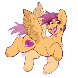 Size: 1425x1425 | Tagged: safe, artist:misocosmis, derpibooru import, scootaloo, pegasus, pony, g4, fangs, open mouth, simple background, solo, spread wings, tongue, tongue out, vylet pony, white background, wings