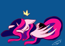 Size: 1520x1080 | Tagged: safe, artist:lovelydreams14, derpibooru import, oc, oc only, oc:cadie, alicorn, pony, alicorn oc, blue background, cowering, crown, eyes closed, female, horn, jewelry, lying down, mare, regalia, simple background, solo, vylet pony, wings