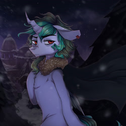 Size: 2000x2000 | Tagged: safe, artist:gloomynyan, derpibooru import, oc, oc only, oc:spectre, oc:spectre (vylet pony), alicorn, pony, album cover, alicorn oc, bags under eyes, bipedal, cape, clothes, ear piercing, earring, high res, homeward (album), horn, jewelry, night, piercing, scar, solo, starship ponyville, vylet pony, wings