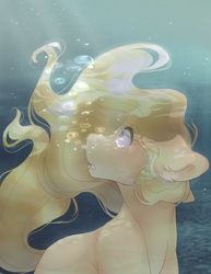 Size: 2154x2785 | Tagged: safe, artist:anyamania, artist:misocosmis, derpibooru import, oc, oc only, earth pony, pony, air bubble, bubble, flowing mane, flowing tail, frown, high res, looking up, ocean, open mouth, solo, swimming, tail, underwater, vylet pony, water