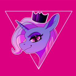 Size: 1400x1400 | Tagged: safe, artist:fizzlesoda2000, derpibooru import, trixie, pony, unicorn, g4, bust, closed mouth, crown, eyestrain warning, jewelry, lidded eyes, looking at you, magenta background, pink background, portrait, queen of misfits, regalia, simple background, smiling, solo