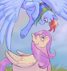 Size: 1125x1200 | Tagged: safe, artist:abbytabbys, derpibooru import, fluttershy, rainbow dash, pegasus, pony, g4, blushing, cloud, cute, feathered wings, female, flutterdash, grass, heart, lesbian, looking at each other, looking at someone, mare, shipping, unshorn fetlocks, wings