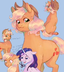 Size: 1059x1200 | Tagged: safe, artist:abbytabbys, derpibooru import, applejack, rarity, earth pony, pony, unicorn, g4, alternate hairstyle, concerned, dialogue, female, freckles, hair tie, haircut, hat, lesbian, looking at you, mare, rarijack, shipping, short mane, simple background, sitting, spots, sweat, unshorn fetlocks