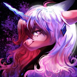 Size: 2000x2000 | Tagged: safe, artist:plut0echo, derpibooru import, oc, oc only, pony, unicorn, abstract background, curved horn, ear piercing, earring, female, high res, horn, jewelry, mare, piercing, solo