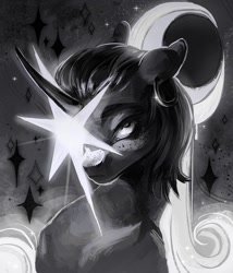 Size: 1500x1750 | Tagged: safe, artist:plut0echo, derpibooru import, oc, oc only, pony, unicorn, commission, curved horn, ear piercing, earring, female, horn, jewelry, mare, monochrome, moon, piercing, stars