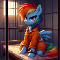 Size: 1024x1024 | Tagged: safe, ai content, derpibooru import, generator:dall-e 3, machine learning generated, rainbow dash, pegasus, pony, g4, angry, bed, clothes, female, jail, jail cell, mare, mattress, never doubt rainbowdash69's involvement, prison, prison cell, prison outfit, prisoner, prisoner rd, scowl, shackles, solo, window