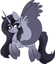 Size: 3116x3651 | Tagged: safe, artist:toods, derpibooru import, oc, oc only, oc:dusk ellipse, alicorn, pony, black mane, gray coat, simple background, solo, transparent background