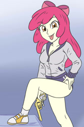 Size: 1851x2775 | Tagged: safe, artist:sumin6301, derpibooru import, apple bloom, human, equestria girls, g4, clothes, gradient background, gun, gym shorts, jacket, looking at you, older, older apple bloom, shoes, sneakers, socks, solo, tongue, tongue out, trigger discipline, weapon