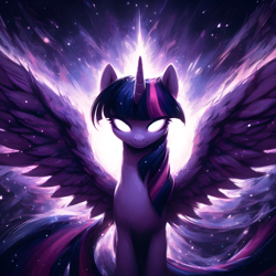 Size: 2048x2048 | Tagged: safe, ai content, derpibooru import, generator:bing image creator, machine learning generated, twilight sparkle, alicorn, pony, g4, smiling, smug, solo, spread wings, white eyes, wings