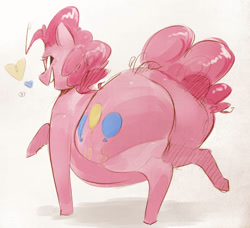 Size: 936x854 | Tagged: safe, artist:secretgoombaman12345, derpibooru import, pinkie pie, earth pony, pony, g4, balloonbutt, bipedal, butt, chubby, fat, large butt, looking at you, looking back, looking back at you, open mouth, open smile, pudgy pie, smiling, solo, thick